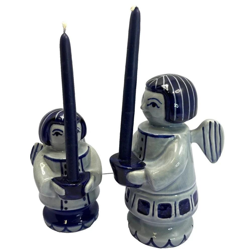 Pair Of Gzhel Russia Blue & White Porcelain Angel Candle Holder 5